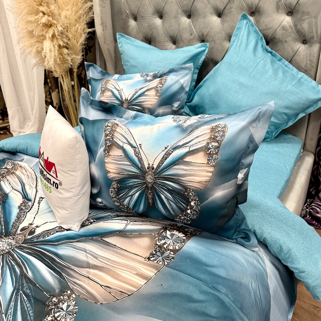 Lenjerie pat dublu, FINET, Imprimeu Digital 5D - Identic cu poza, Cu ELASTIC, 6 piese, Turcuaz, fluture - imagine 7