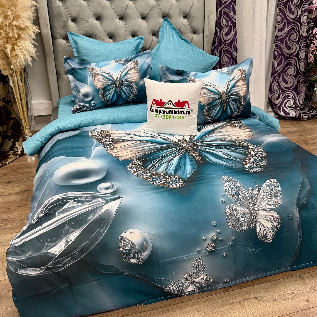 Lenjerie pat dublu, FINET, Imprimeu Digital 5D - Identic cu poza, Cu ELASTIC, 6 piese, Turcuaz, fluture - imagine 8