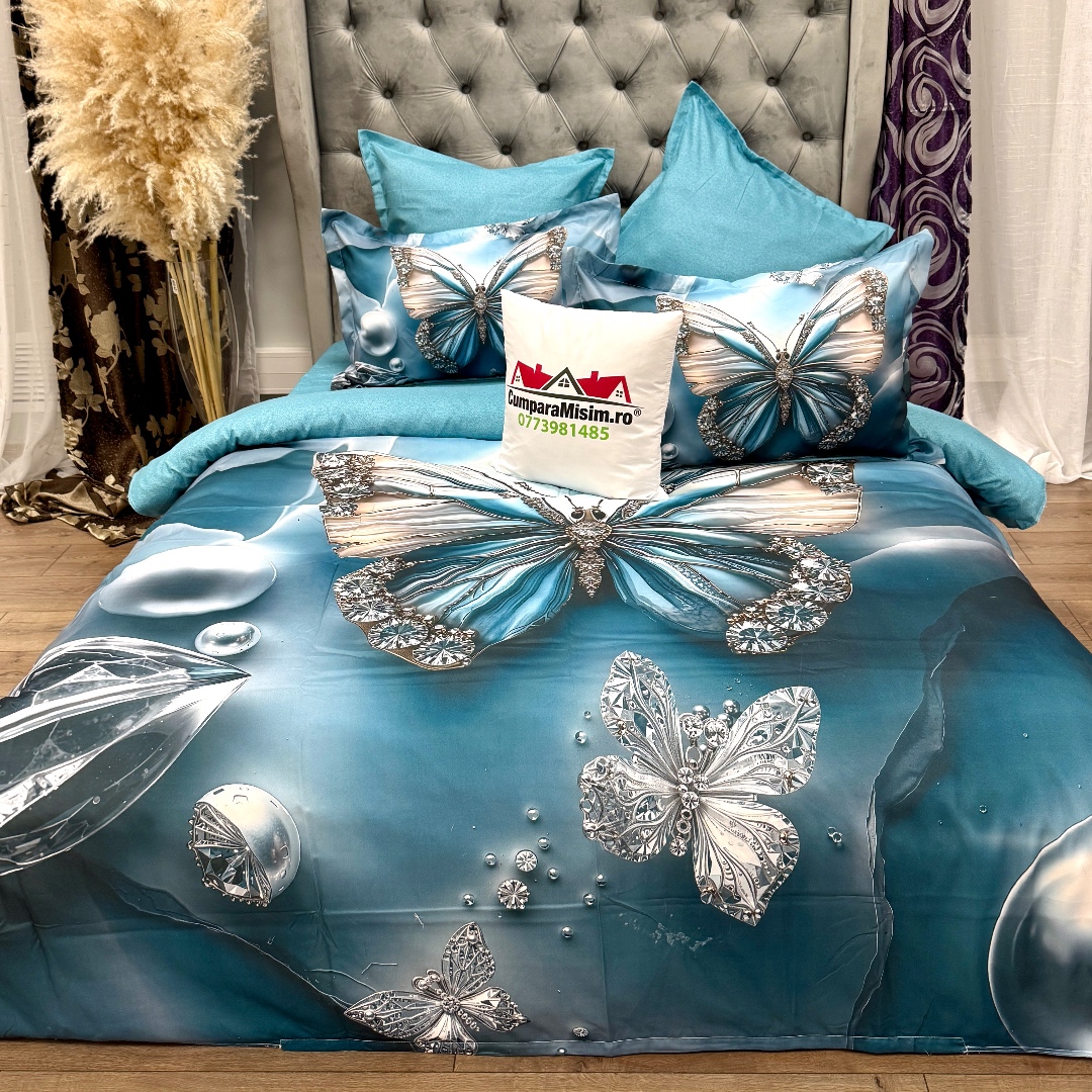 Lenjerie pat dublu, FINET, Imprimeu Digital 5D - Identic cu poza, Cu ELASTIC, 6 piese, Turcuaz, fluture - imagine 9