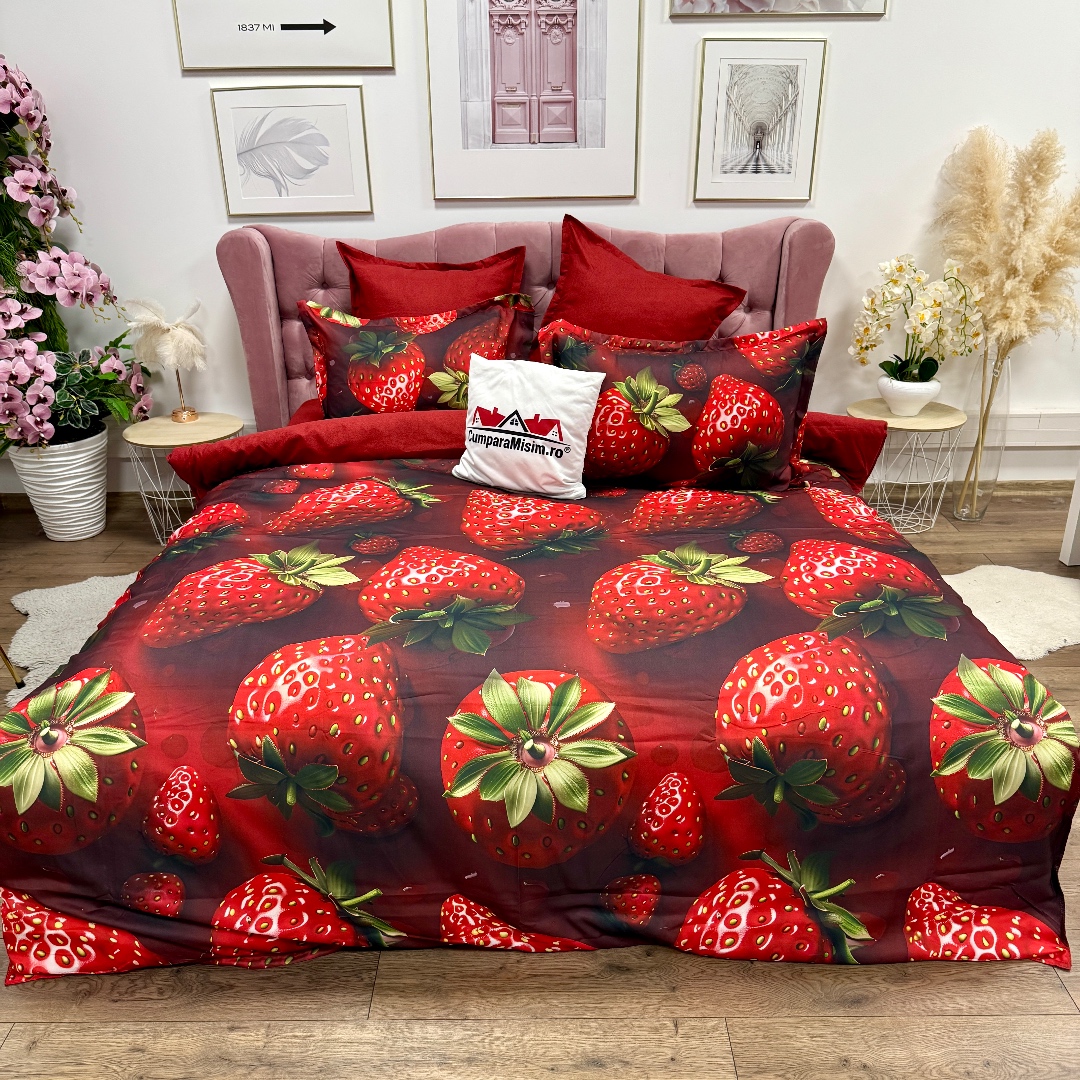 Lenjerie pat dublu, FINET, Imprimeu Digital 5D - Identic cu poza, Cu ELASTIC, 6 piese, Rosu, capsuni - imagine 2