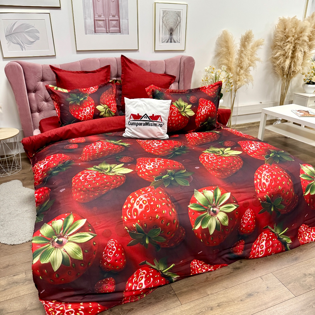 Lenjerie pat dublu, FINET, Imprimeu Digital 5D - Identic cu poza, Cu ELASTIC, 6 piese, Rosu, capsuni - imagine 3