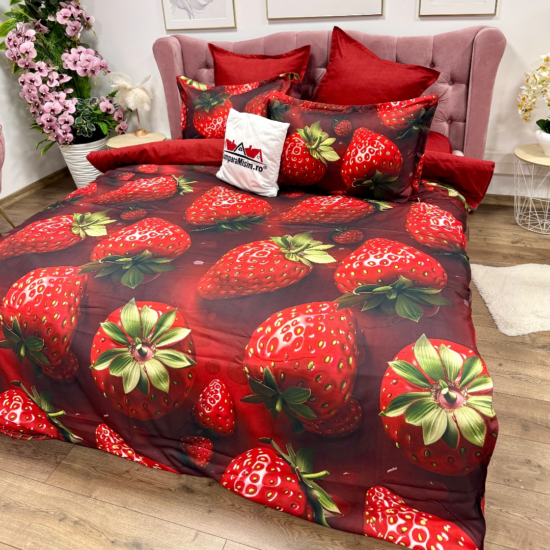 Lenjerie pat dublu, FINET, Imprimeu Digital 5D - Identic cu poza, Cu ELASTIC, 6 piese, Rosu, capsuni - imagine 4