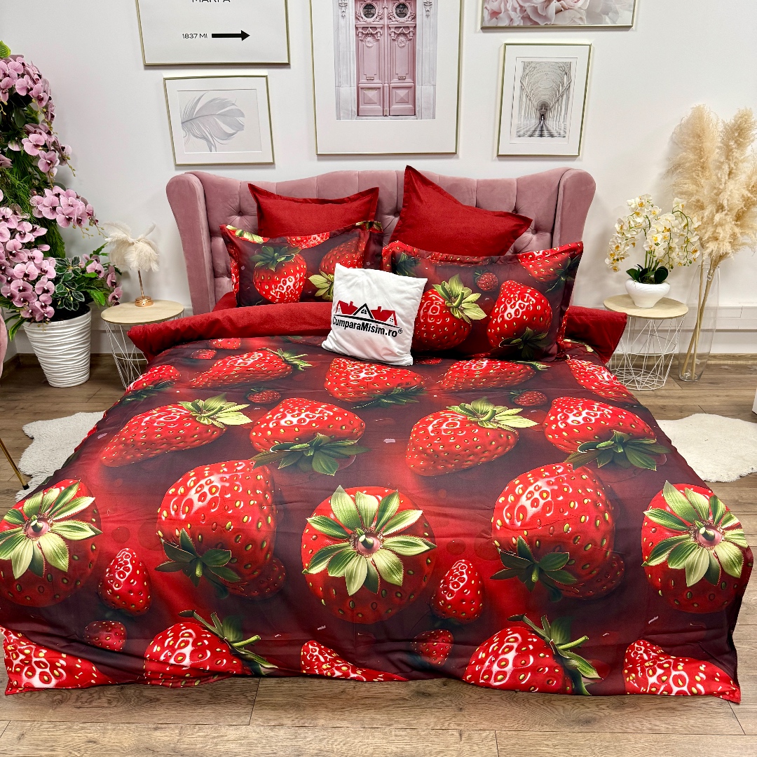 Lenjerie pat dublu, FINET, Imprimeu Digital 5D - Identic cu poza, Cu ELASTIC, 6 piese, Rosu, capsuni - imagine 5