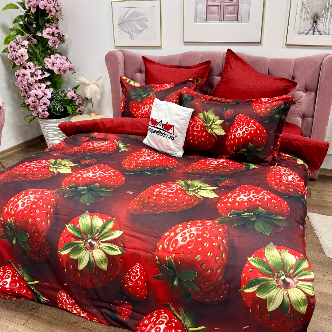 Lenjerie pat dublu, FINET, Imprimeu Digital 5D - Identic cu poza, Cu ELASTIC, 6 piese, Rosu, capsuni - imagine 6