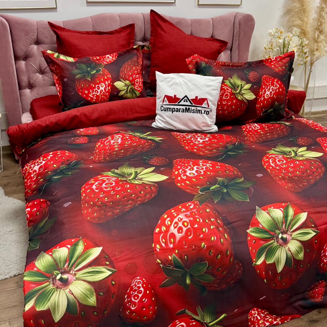 Lenjerie pat dublu, FINET, Imprimeu Digital 5D - Identic cu poza, Cu ELASTIC, 6 piese, Rosu, capsuni - imagine 7