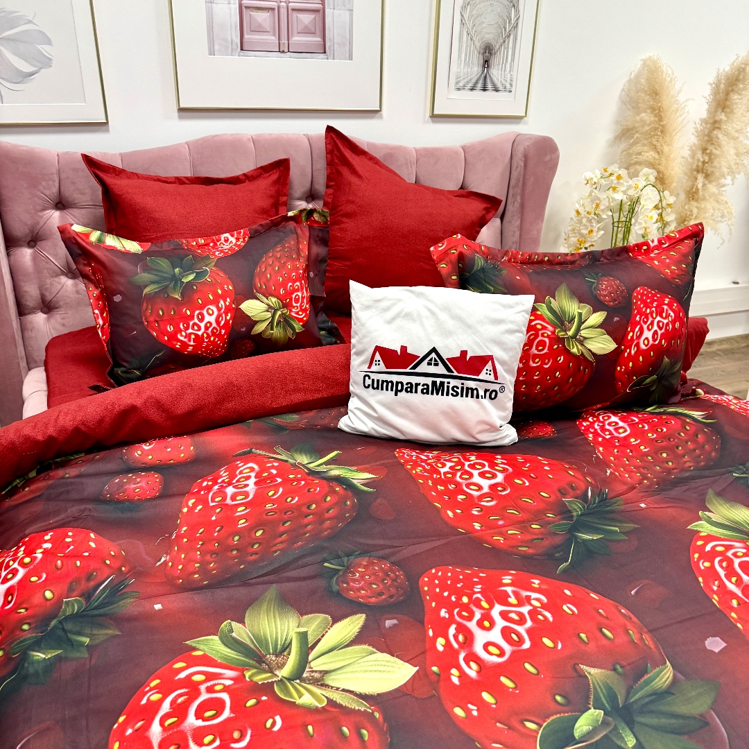 Lenjerie pat dublu, FINET, Imprimeu Digital 5D - Identic cu poza, Cu ELASTIC, 6 piese, Rosu, capsuni - imagine 8