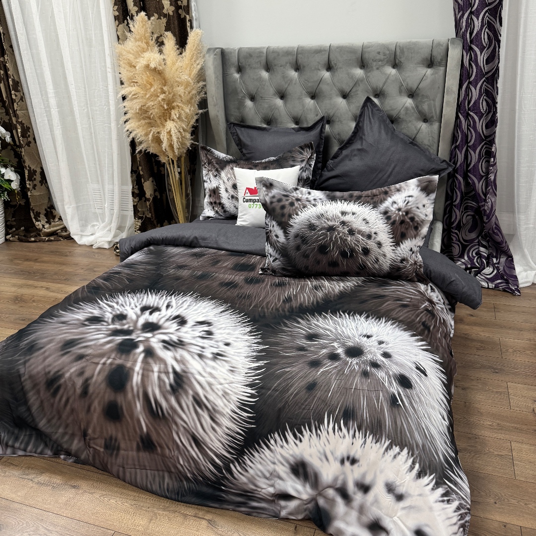 Lenjerie pat dublu, FINET, Imprimeu Digital 5D - Identic cu poza, Cu ELASTIC, 6 piese, Gri, pufuri - imagine 2