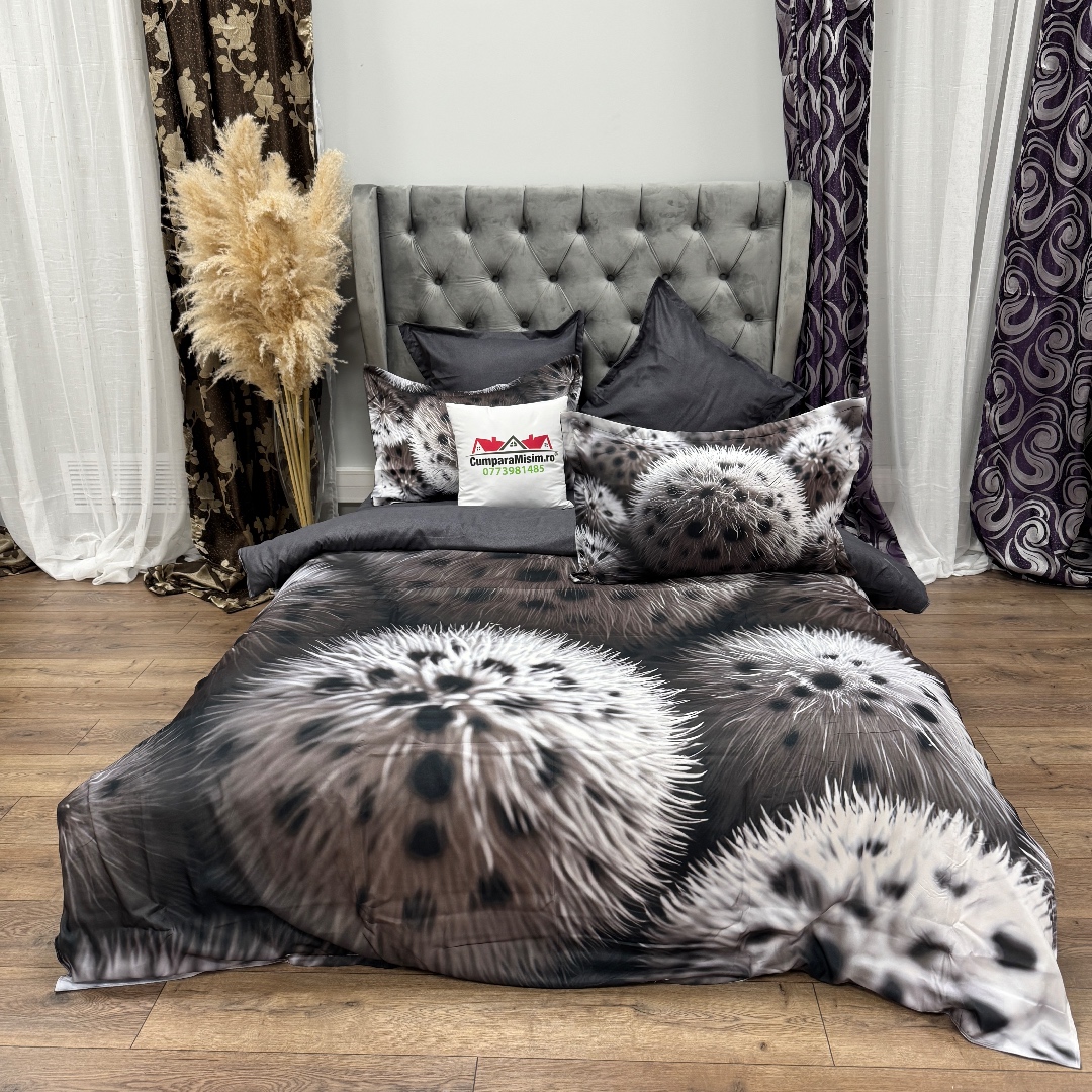 Lenjerie pat dublu, FINET, Imprimeu Digital 5D - Identic cu poza, Cu ELASTIC, 6 piese, Gri, pufuri - imagine 3