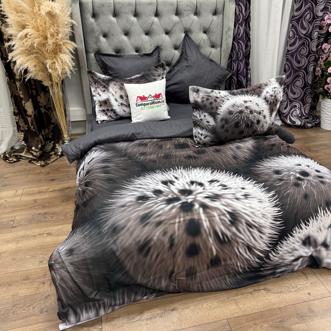 Lenjerie pat dublu, FINET, Imprimeu Digital 5D - Identic cu poza, Cu ELASTIC, 6 piese, Gri, pufuri - imagine 4