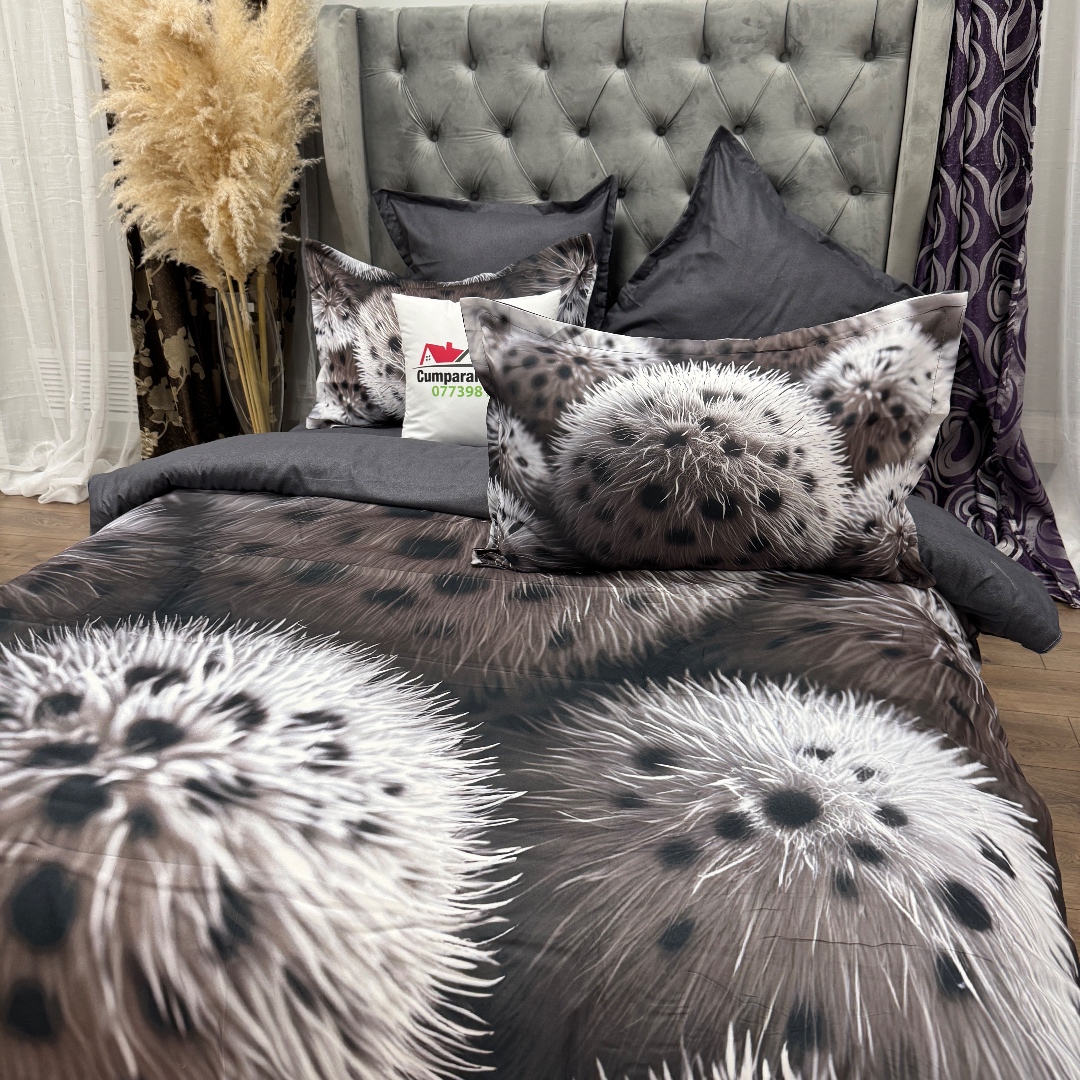 Lenjerie pat dublu, FINET, Imprimeu Digital 5D - Identic cu poza, Cu ELASTIC, 6 piese, Gri, pufuri - imagine 5