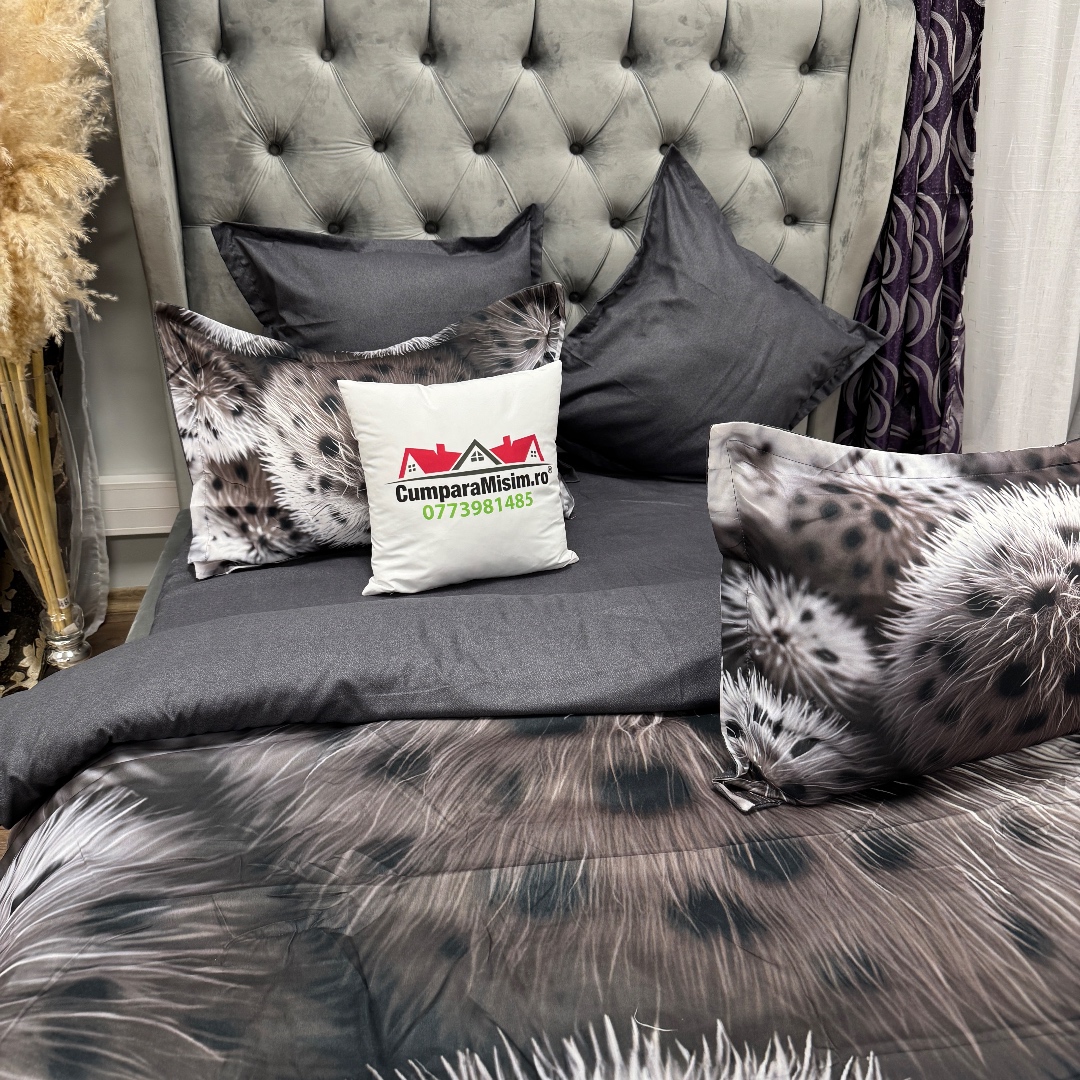 Lenjerie pat dublu, FINET, Imprimeu Digital 5D - Identic cu poza, Cu ELASTIC, 6 piese, Gri, pufuri - imagine 6