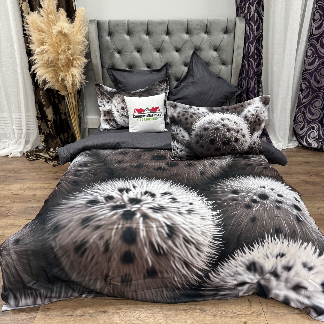 Lenjerie pat dublu, FINET, Imprimeu Digital 5D - Identic cu poza, Cu ELASTIC, 6 piese, Gri, pufuri - imagine 7