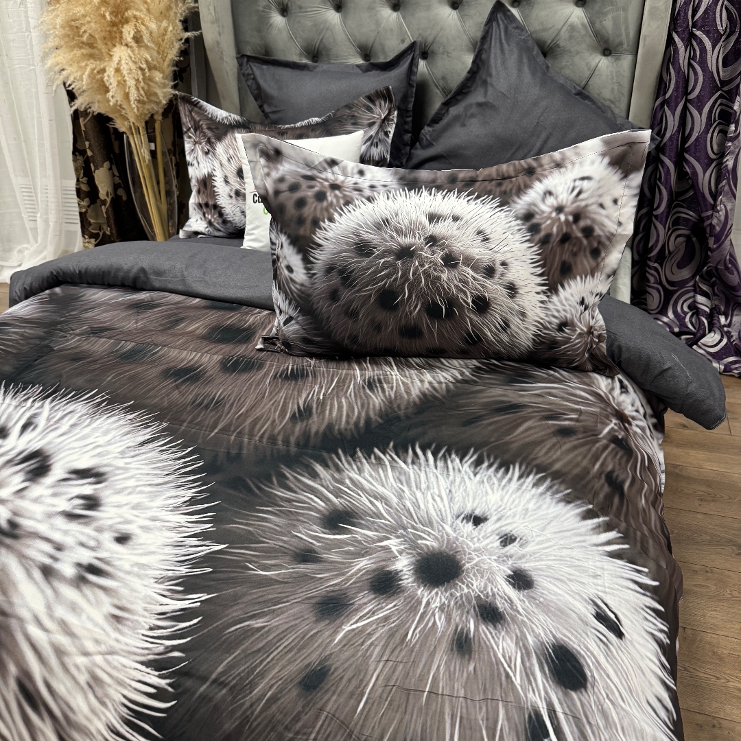 Lenjerie pat dublu, FINET, Imprimeu Digital 5D - Identic cu poza, Cu ELASTIC, 6 piese, Gri, pufuri - imagine 8
