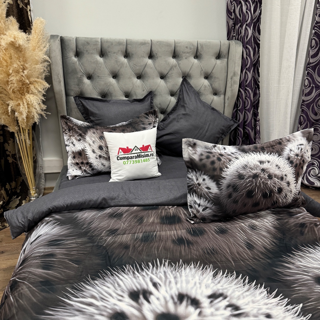 Lenjerie pat dublu, FINET, Imprimeu Digital 5D - Identic cu poza, Cu ELASTIC, 6 piese, Gri, pufuri - imagine 9
