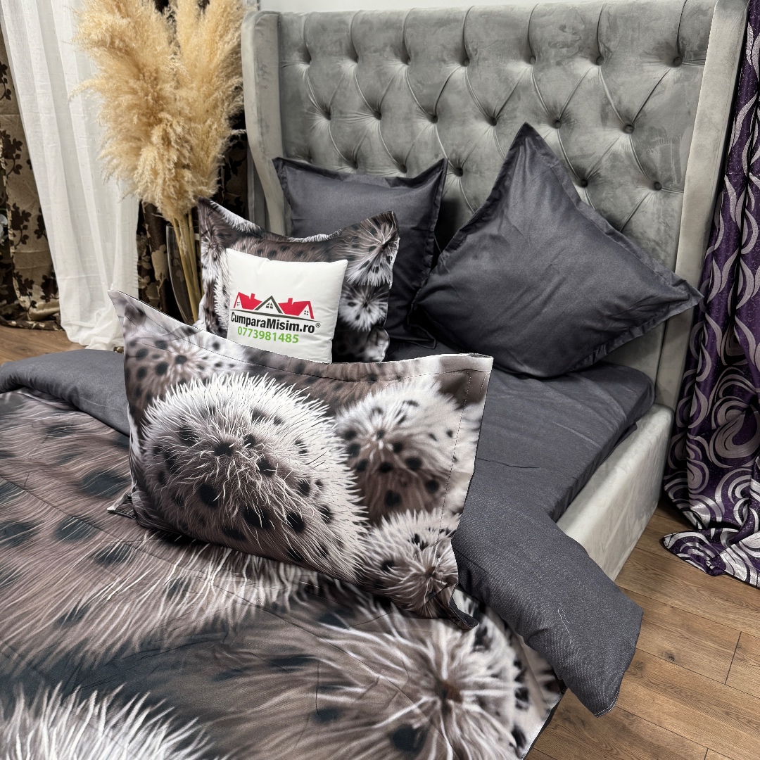 Lenjerie pat dublu, FINET, Imprimeu Digital 5D - Identic cu poza, Cu ELASTIC, 6 piese, Gri, pufuri - imagine 10