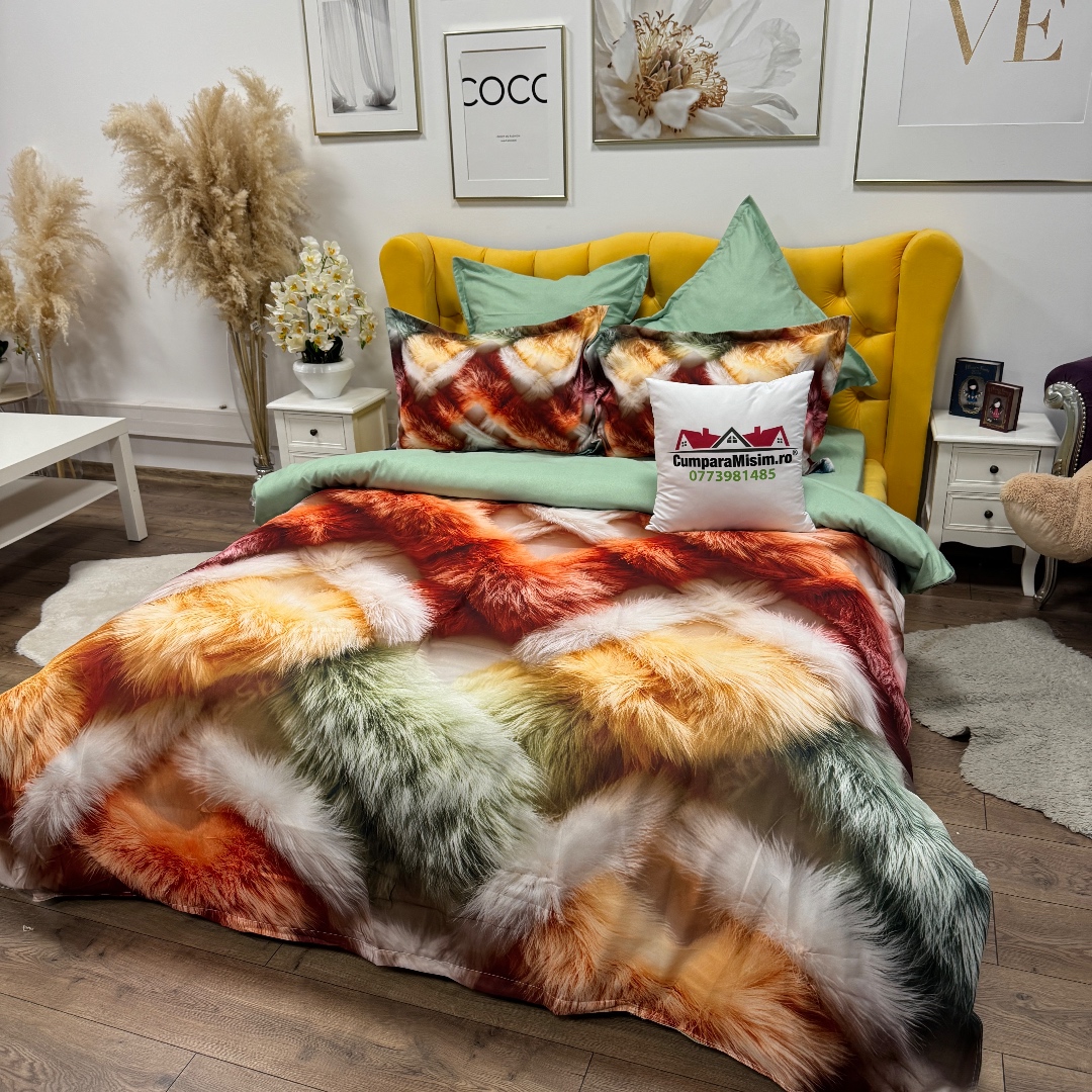 Lenjerie pat dublu, FINET, Imprimeu Digital 5D - Identic cu poza, Cu ELASTIC, 6 piese, Multicolor, pufuri - imagine 2