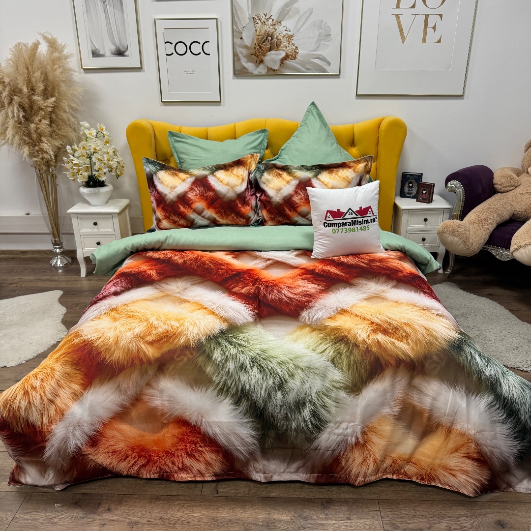 Lenjerie pat dublu, FINET, Imprimeu Digital 5D - Identic cu poza, Cu ELASTIC, 6 piese, Multicolor, pufuri - imagine 3