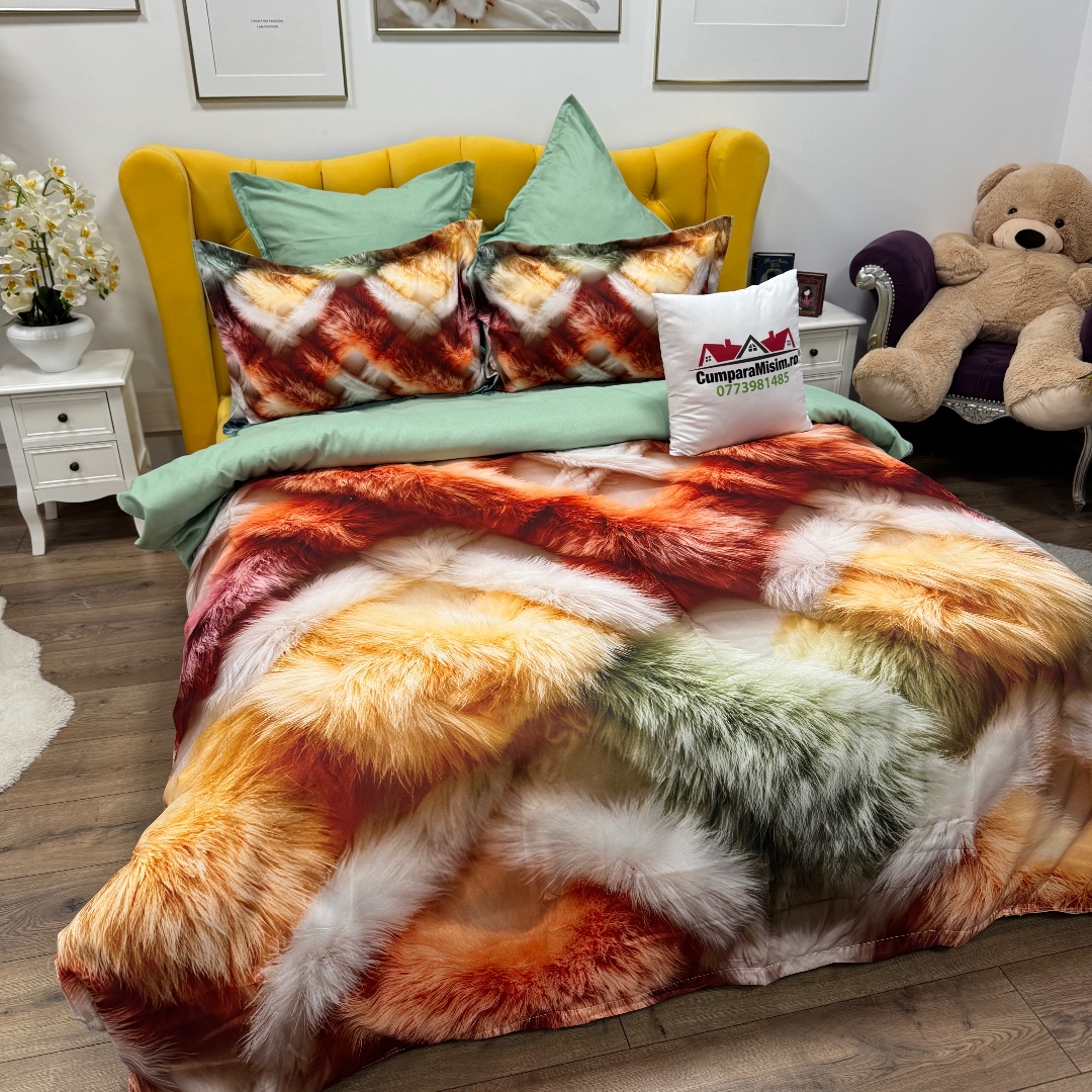 Lenjerie pat dublu, FINET, Imprimeu Digital 5D - Identic cu poza, Cu ELASTIC, 6 piese, Multicolor, pufuri - imagine 4