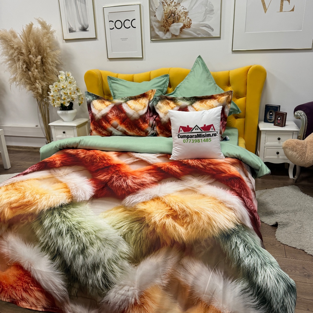 Lenjerie pat dublu, FINET, Imprimeu Digital 5D - Identic cu poza, Cu ELASTIC, 6 piese, Multicolor, pufuri - imagine 5