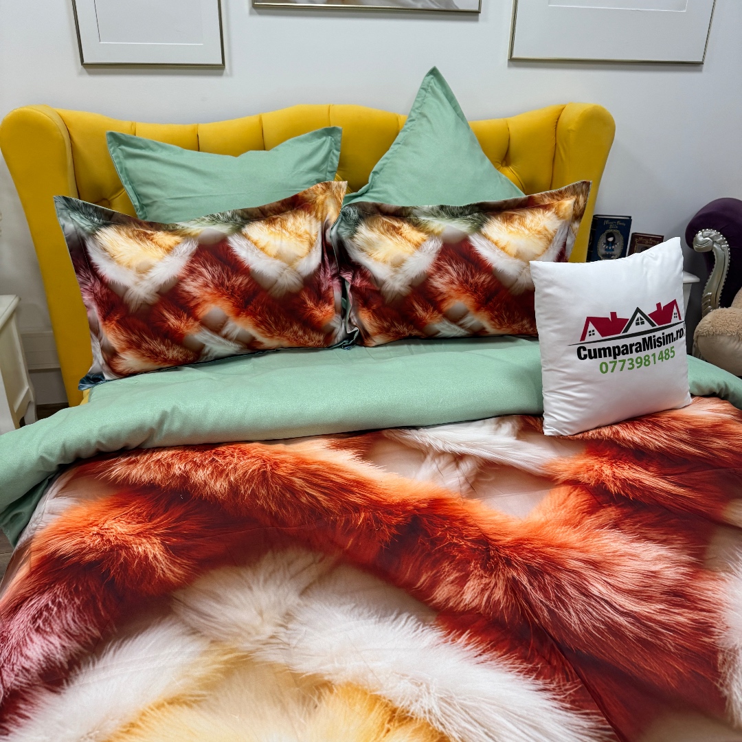Lenjerie pat dublu, FINET, Imprimeu Digital 5D - Identic cu poza, Cu ELASTIC, 6 piese, Multicolor, pufuri - imagine 6