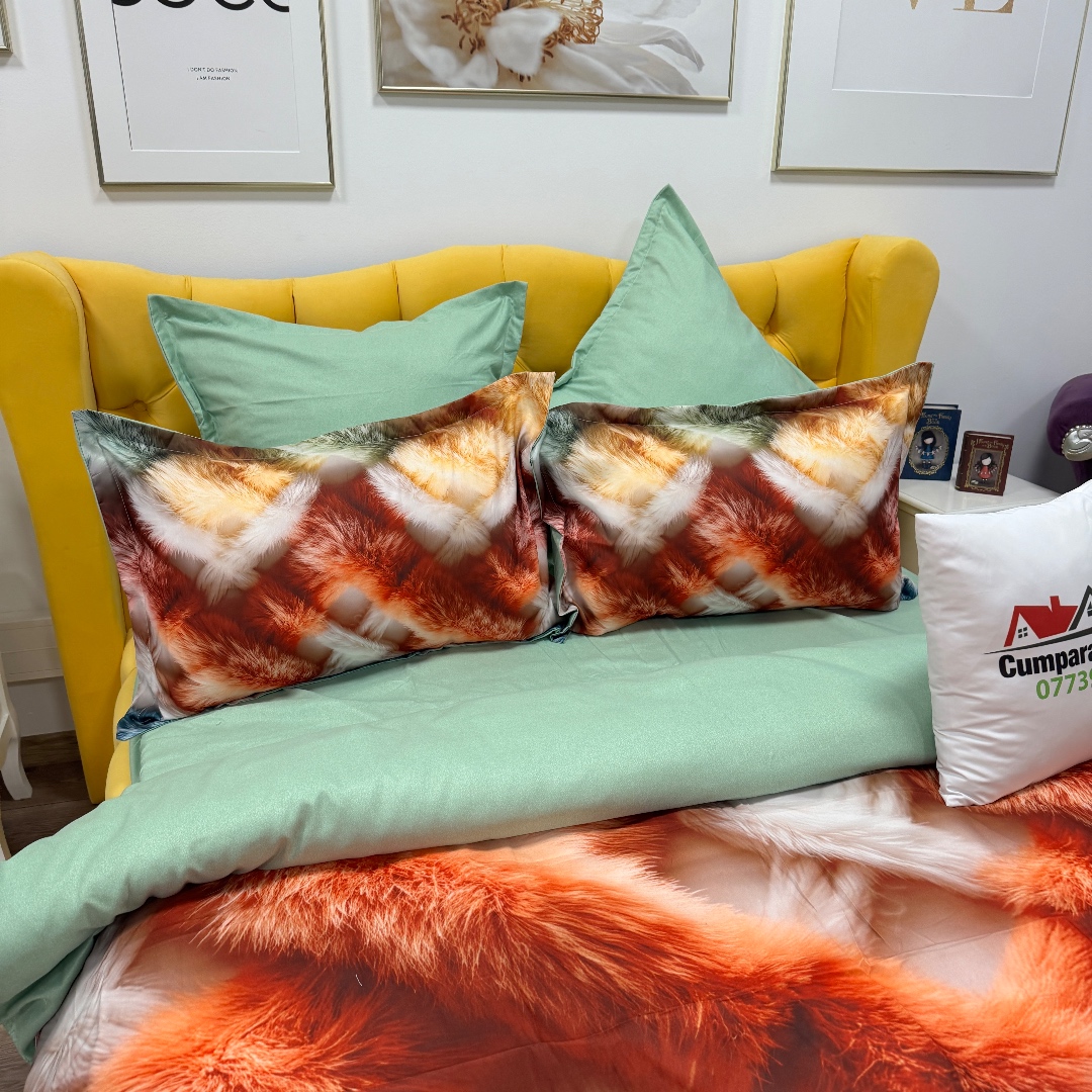 Lenjerie pat dublu, FINET, Imprimeu Digital 5D - Identic cu poza, Cu ELASTIC, 6 piese, Multicolor, pufuri - imagine 7