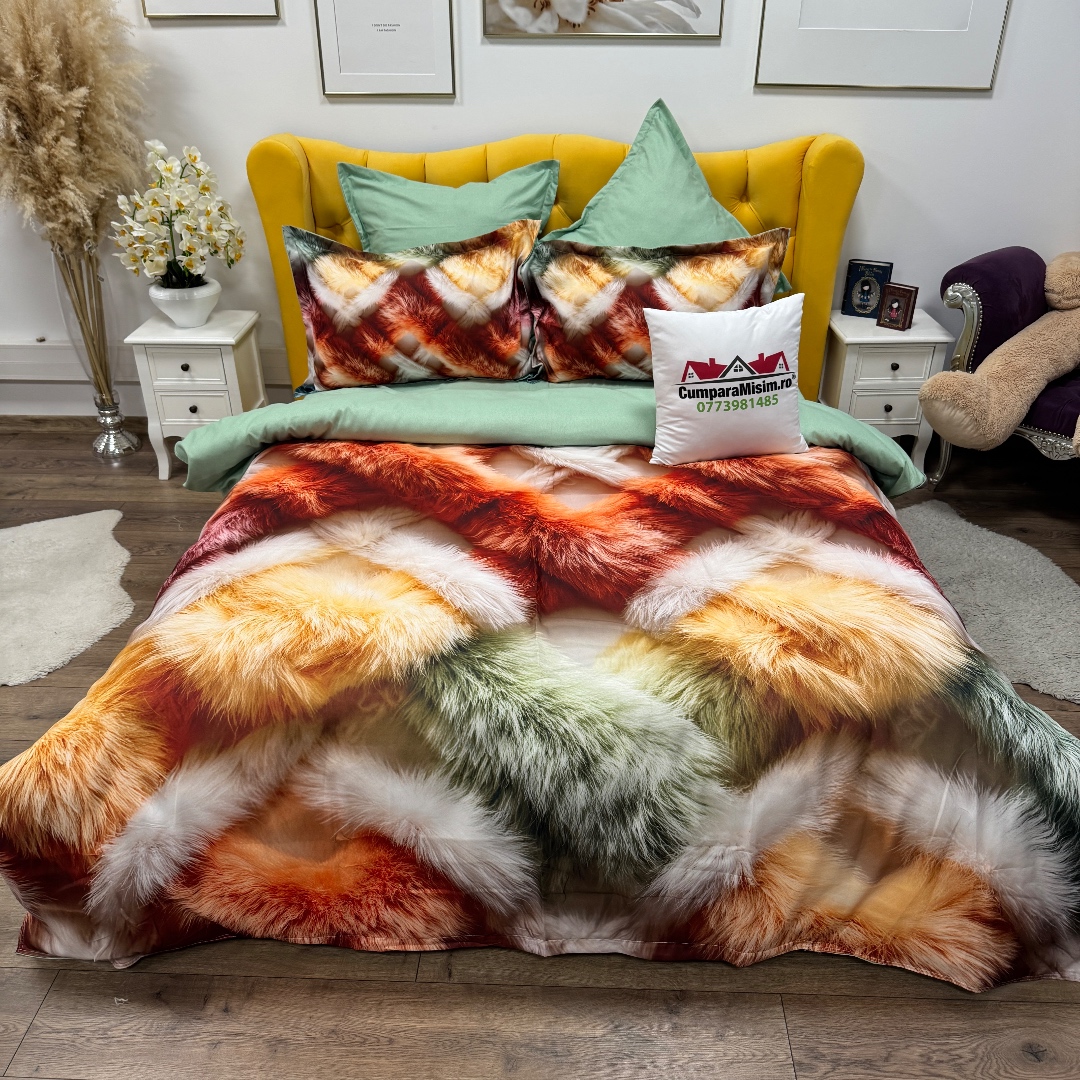 Lenjerie pat dublu, FINET, Imprimeu Digital 5D - Identic cu poza, Cu ELASTIC, 6 piese, Multicolor, pufuri - imagine 8
