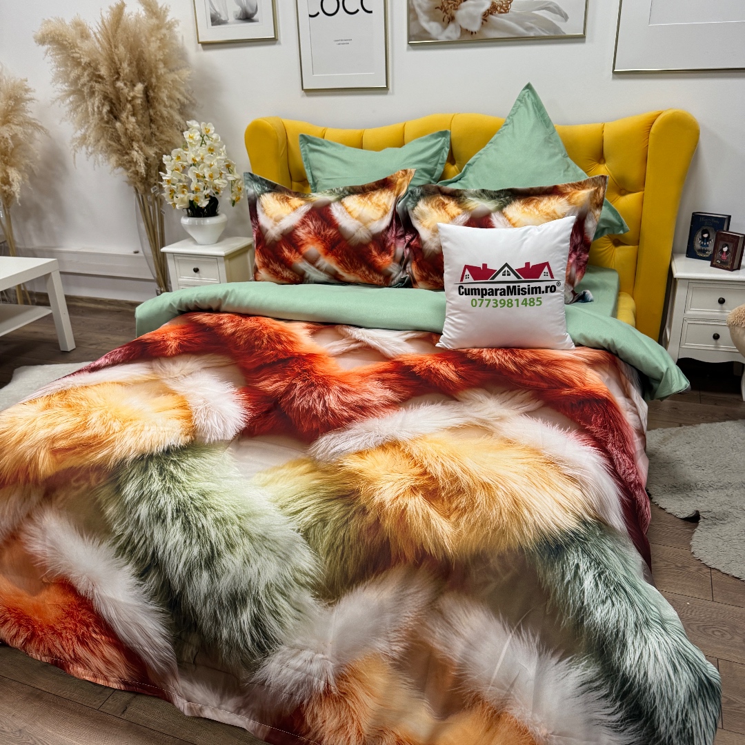 Lenjerie pat dublu, FINET, Imprimeu Digital 5D - Identic cu poza, Cu ELASTIC, 6 piese, Multicolor, pufuri - imagine 9