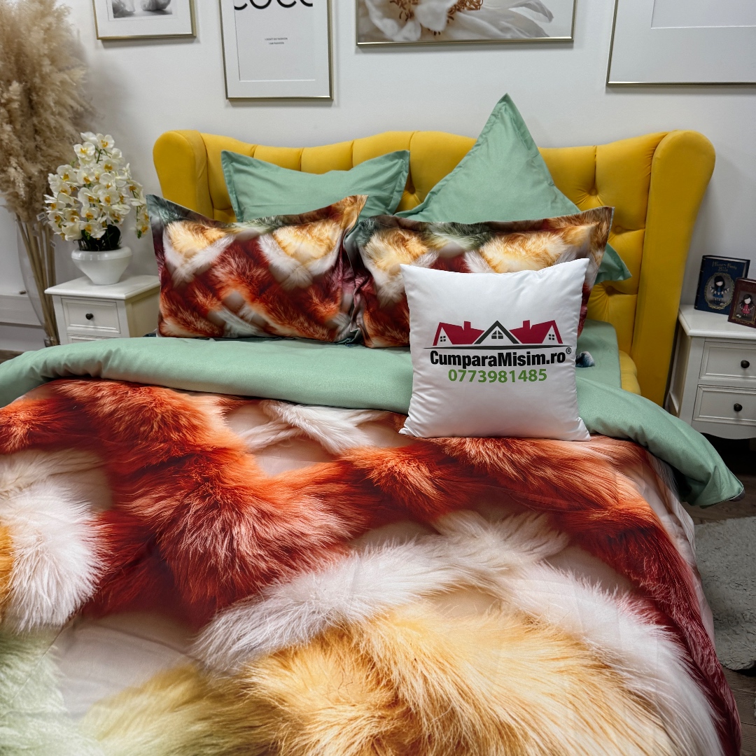 Lenjerie pat dublu, FINET, Imprimeu Digital 5D - Identic cu poza, Cu ELASTIC, 6 piese, Multicolor, pufuri - imagine 10