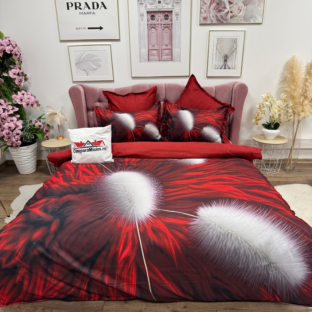 Lenjerie pat dublu, FINET, Imprimeu Digital 5D - Identic cu poza, Cu ELASTIC, 6 piese, Rosu, pufuri - imagine 12