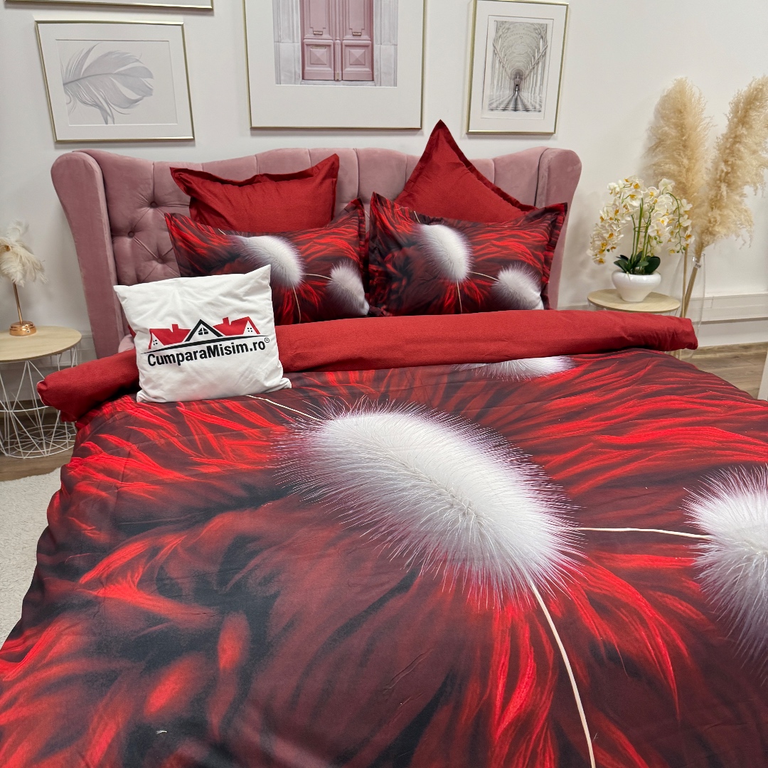 Lenjerie pat dublu, FINET, Imprimeu Digital 5D - Identic cu poza, Cu ELASTIC, 6 piese, Rosu, pufuri - imagine 13