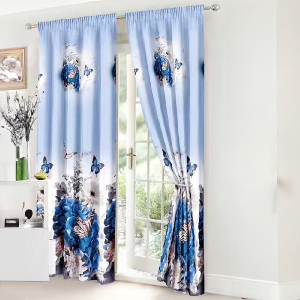 Lenjerie Pat Single, FINET, 6 piese, cu 2 DRAPERII INCLUSE, Alb, Albastru, Flori, Fluturi — imaginea 2