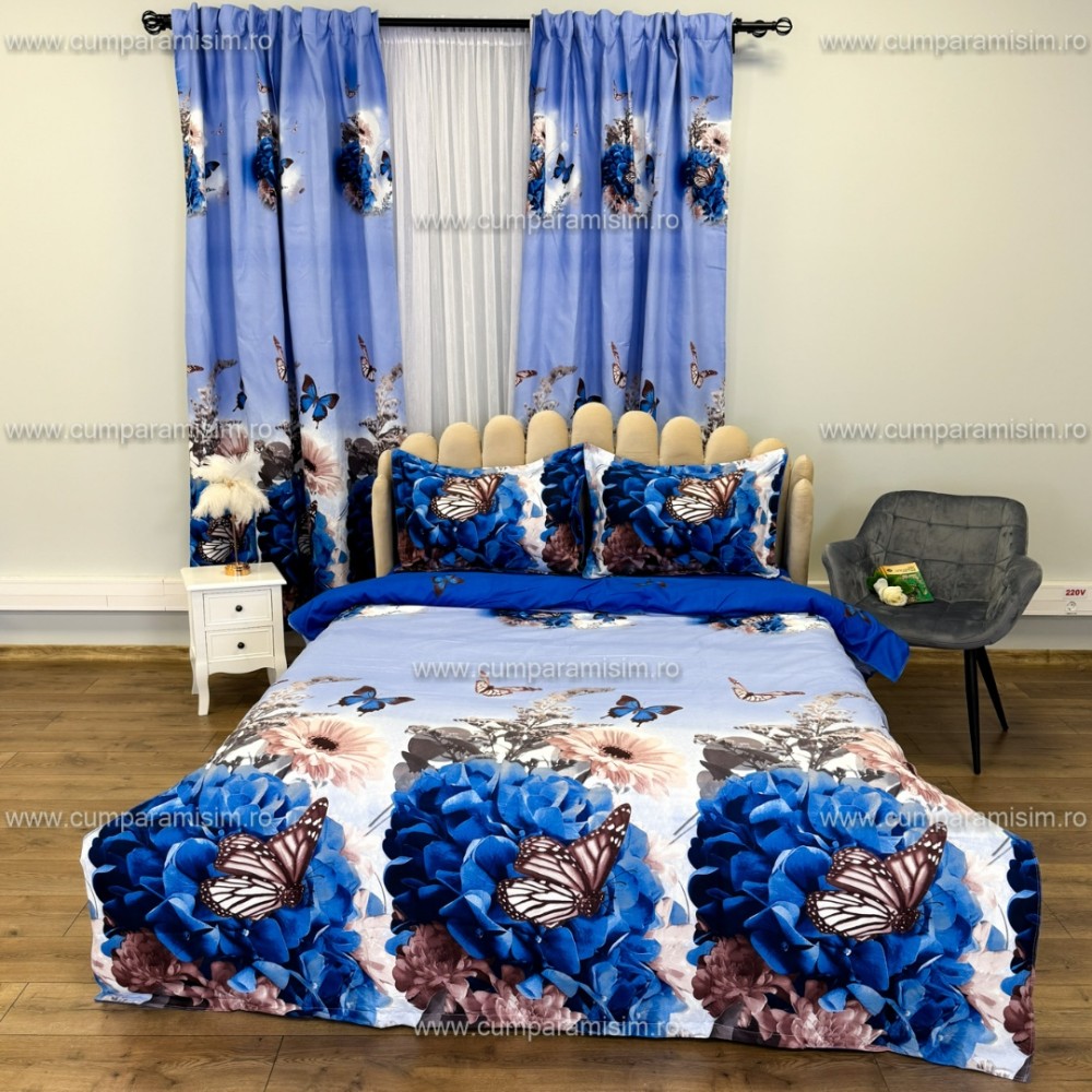 Lenjerie Pat Single, FINET, 6 piese, cu 2 DRAPERII INCLUSE, Alb, Albastru, Flori, Fluturi — imaginea 3