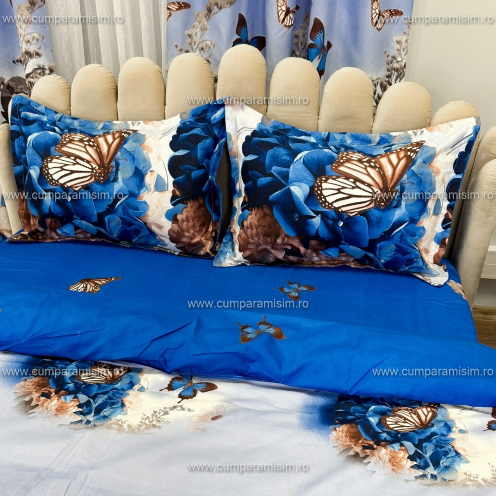 Lenjerie Pat Single, FINET, 6 piese, cu 2 DRAPERII INCLUSE, Alb, Albastru, Flori, Fluturi — imaginea 6