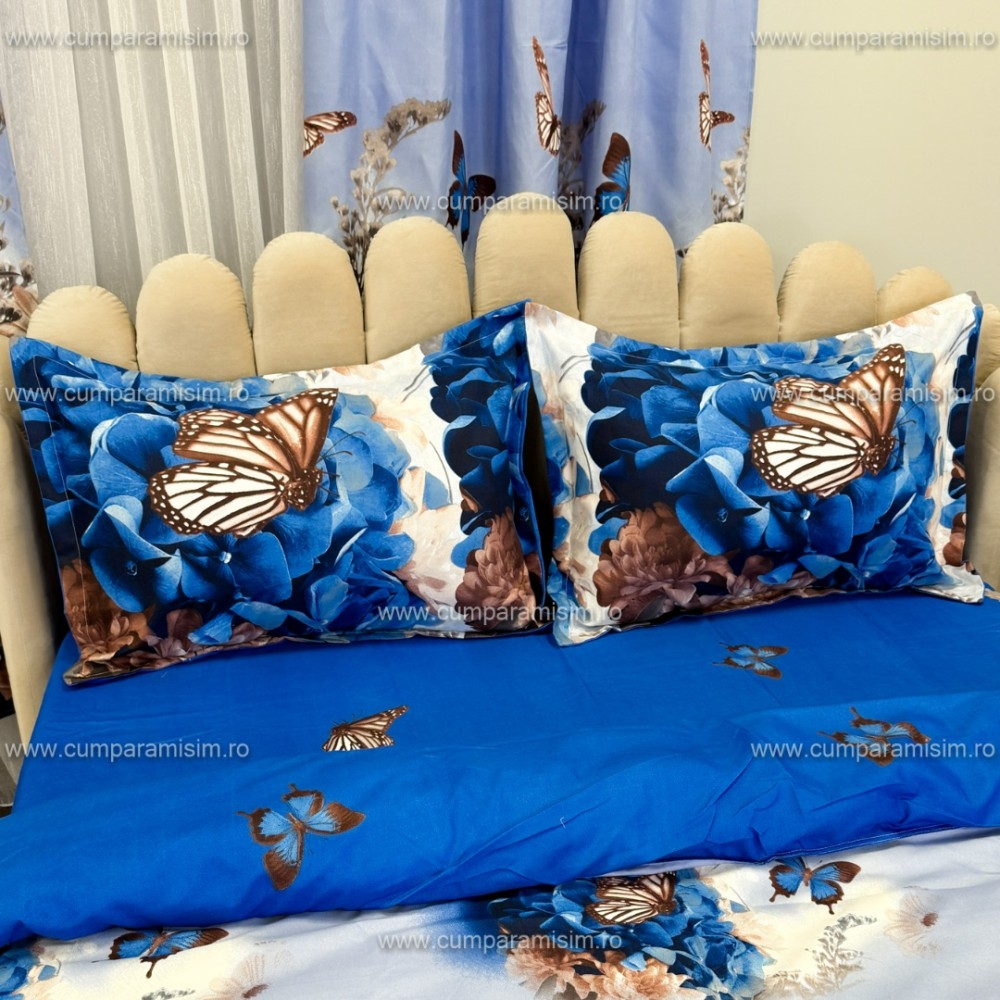 Lenjerie Pat Single, FINET, 6 piese, cu 2 DRAPERII INCLUSE, Alb, Albastru, Flori, Fluturi — imaginea 7