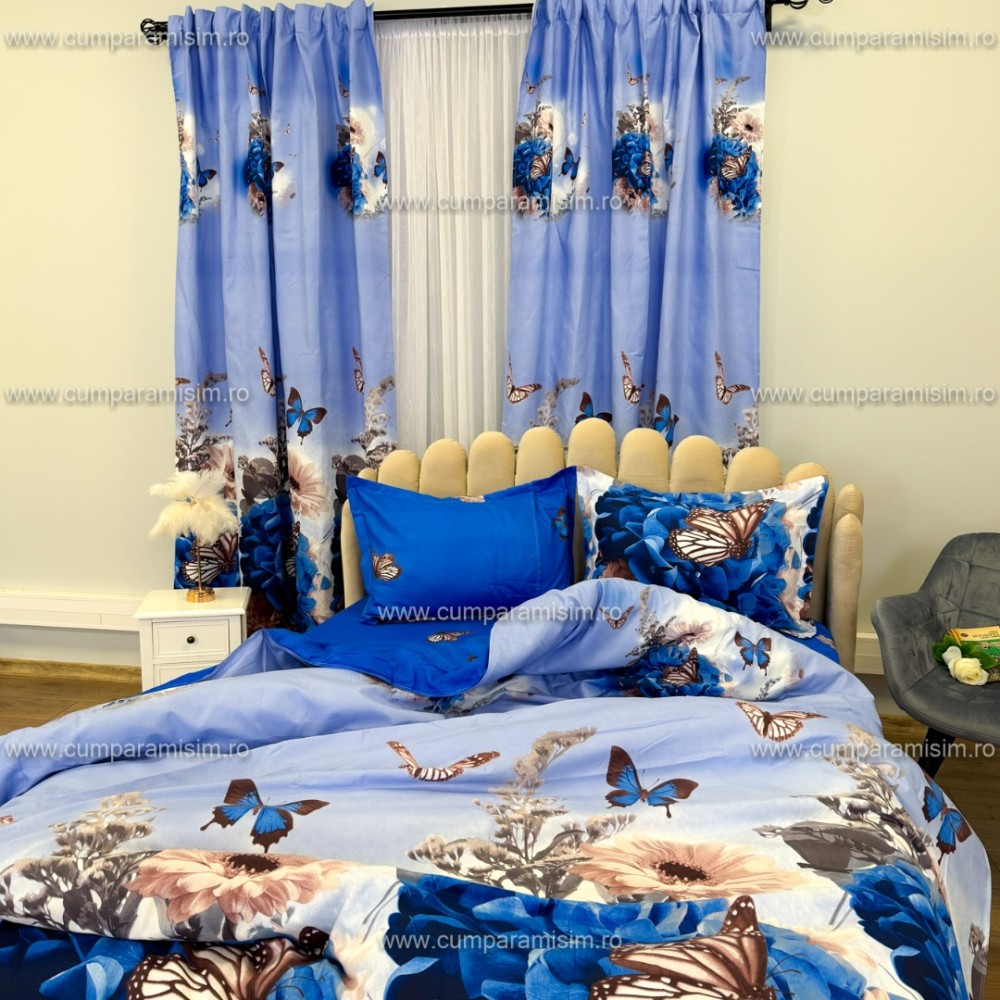 Lenjerie Pat Single, FINET, 6 piese, cu 2 DRAPERII INCLUSE, Alb, Albastru, Flori, Fluturi — imaginea 8