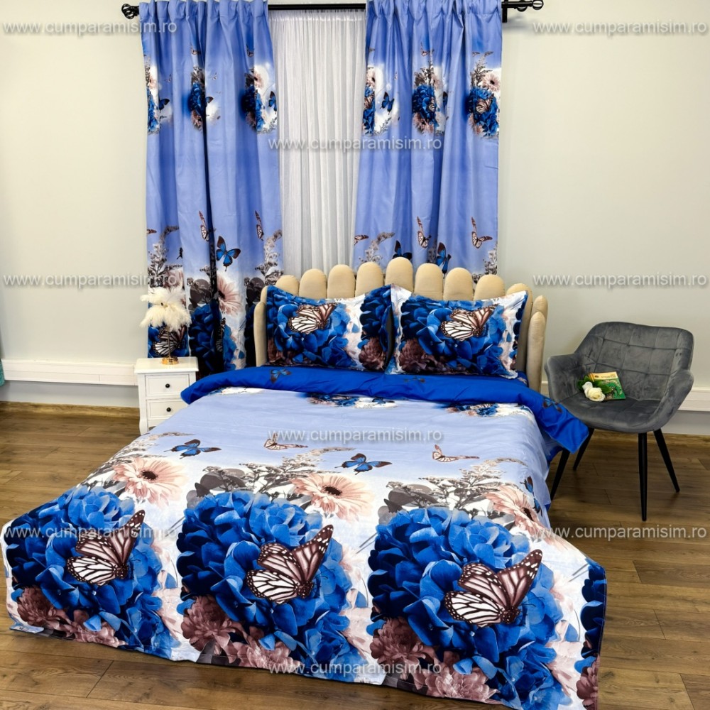 Lenjerie Pat Single, FINET, 6 piese, cu 2 DRAPERII INCLUSE, Alb, Albastru, Flori, Fluturi — imaginea 9