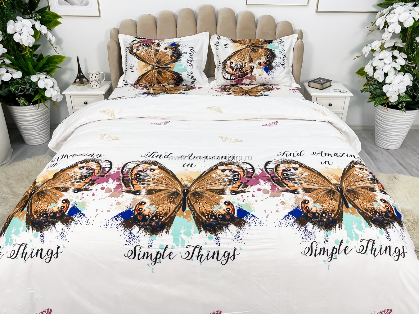 Lenjerie pat dublu imprimeu 3D - 3 Bucati 219 Lei -  Auriu fluturi - imagine 3