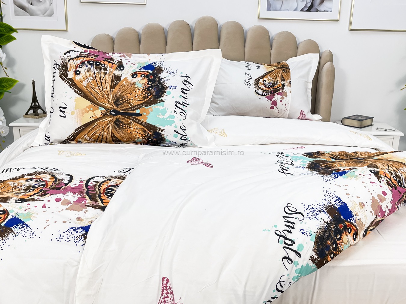 Lenjerie pat dublu imprimeu 3D - 3 Bucati 219 Lei -  Auriu fluturi - imagine 8