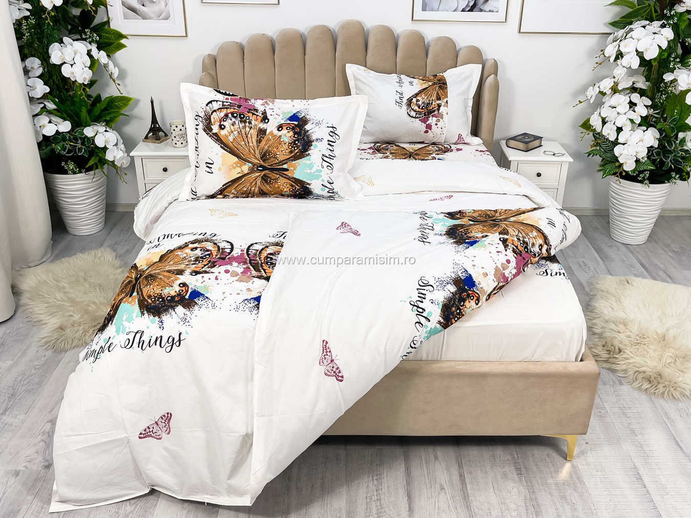 Lenjerie pat dublu imprimeu 3D - 3 Bucati 219 Lei -  Auriu fluturi - imagine 9