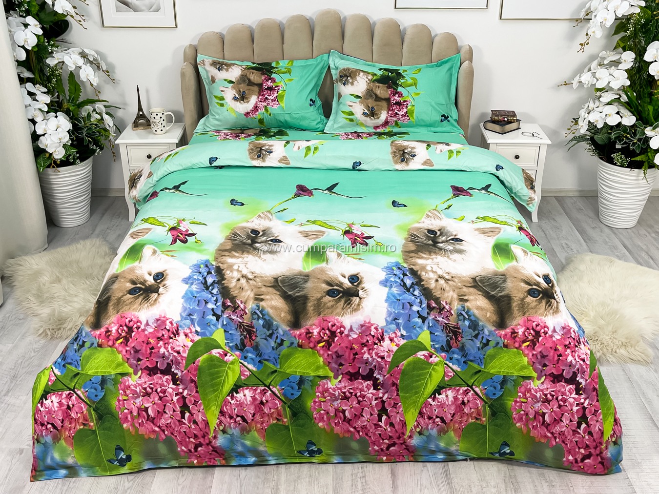 Lenjerie pat dublu imprimeu 3D - 3 Bucati 219 Lei -  Bleu flori pisici - imagine 2