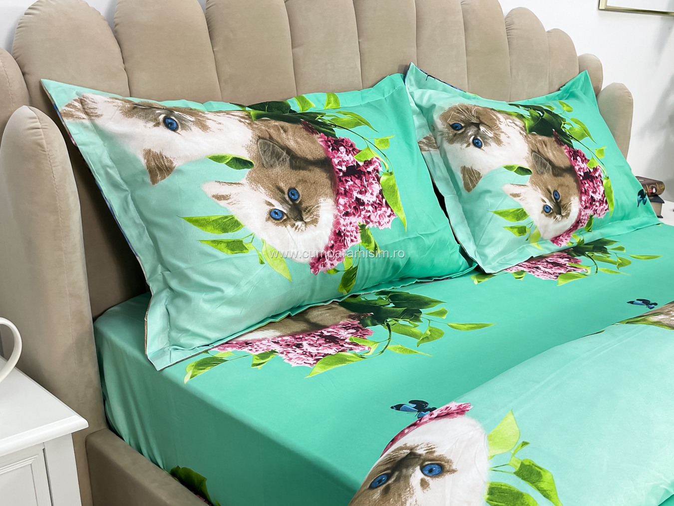 Lenjerie pat dublu imprimeu 3D - 3 Bucati 219 Lei -  Bleu flori pisici - imagine 5
