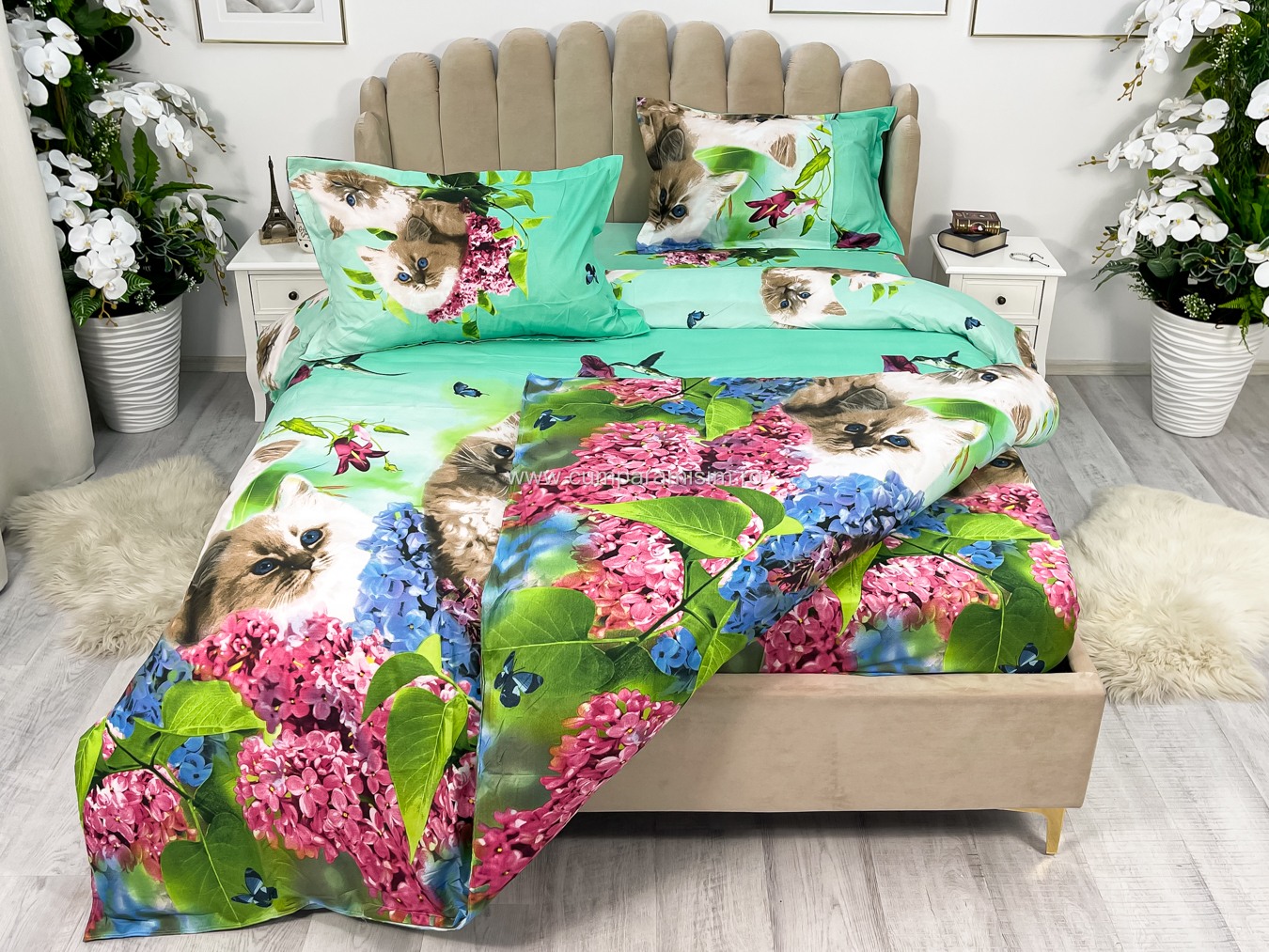 Lenjerie pat dublu imprimeu 3D - 3 Bucati 219 Lei -  Bleu flori pisici - imagine 9