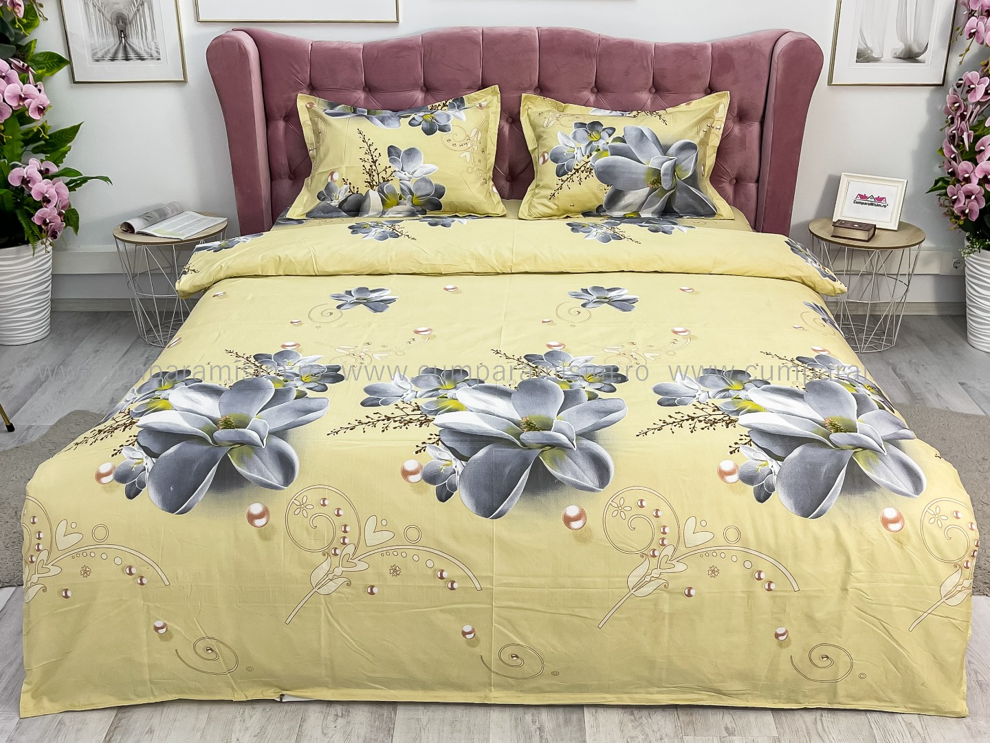 Lenjerie pat dublu imprimeu 3D - 3 Bucati 219 Lei -  Crem flori - imagine 2