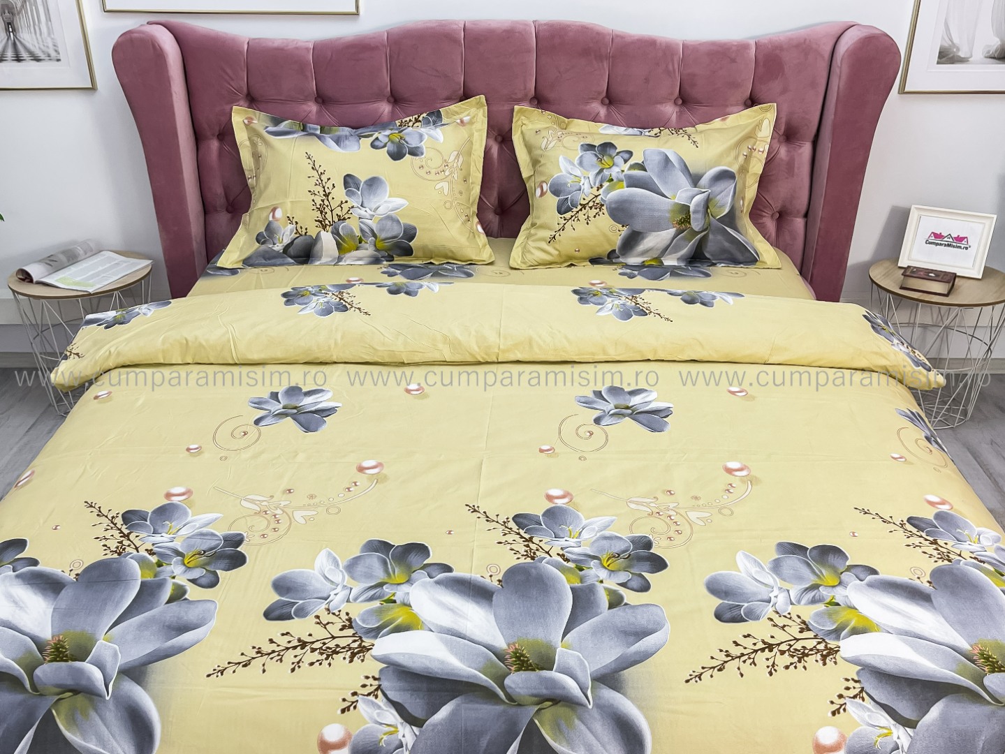 Lenjerie pat dublu imprimeu 3D - 3 Bucati 219 Lei -  Crem flori - imagine 3