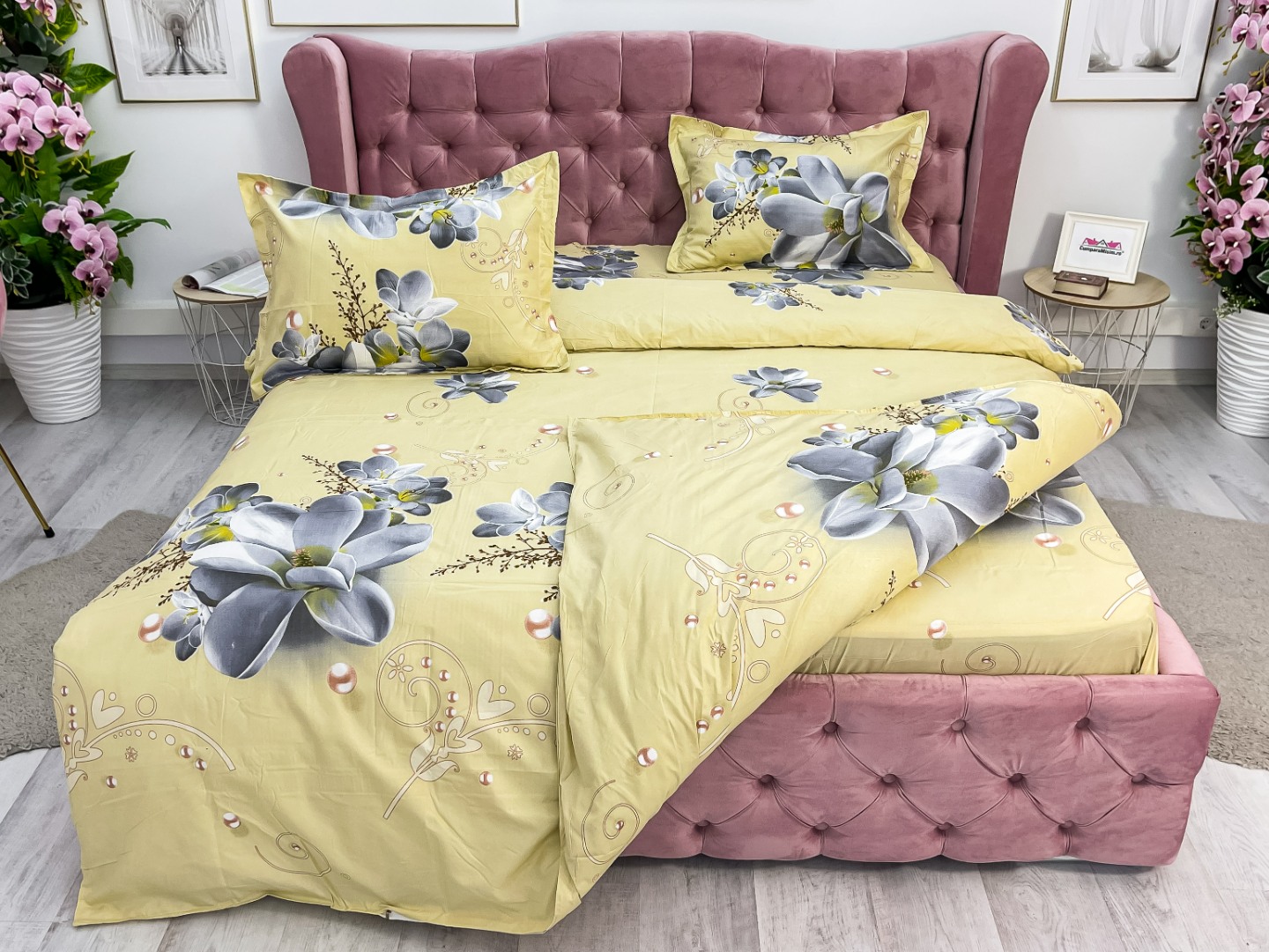 Lenjerie pat dublu imprimeu 3D - 3 Bucati 219 Lei -  Crem flori - imagine 6