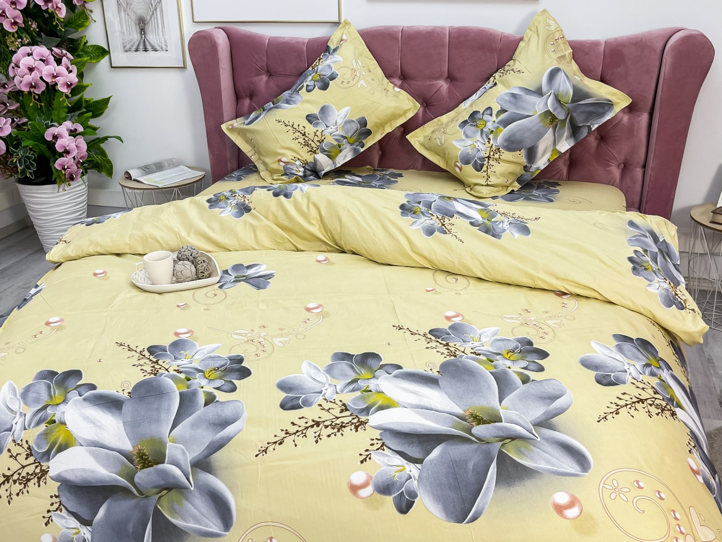 Lenjerie pat dublu imprimeu 3D - 3 Bucati 219 Lei -  Crem flori - imagine 7