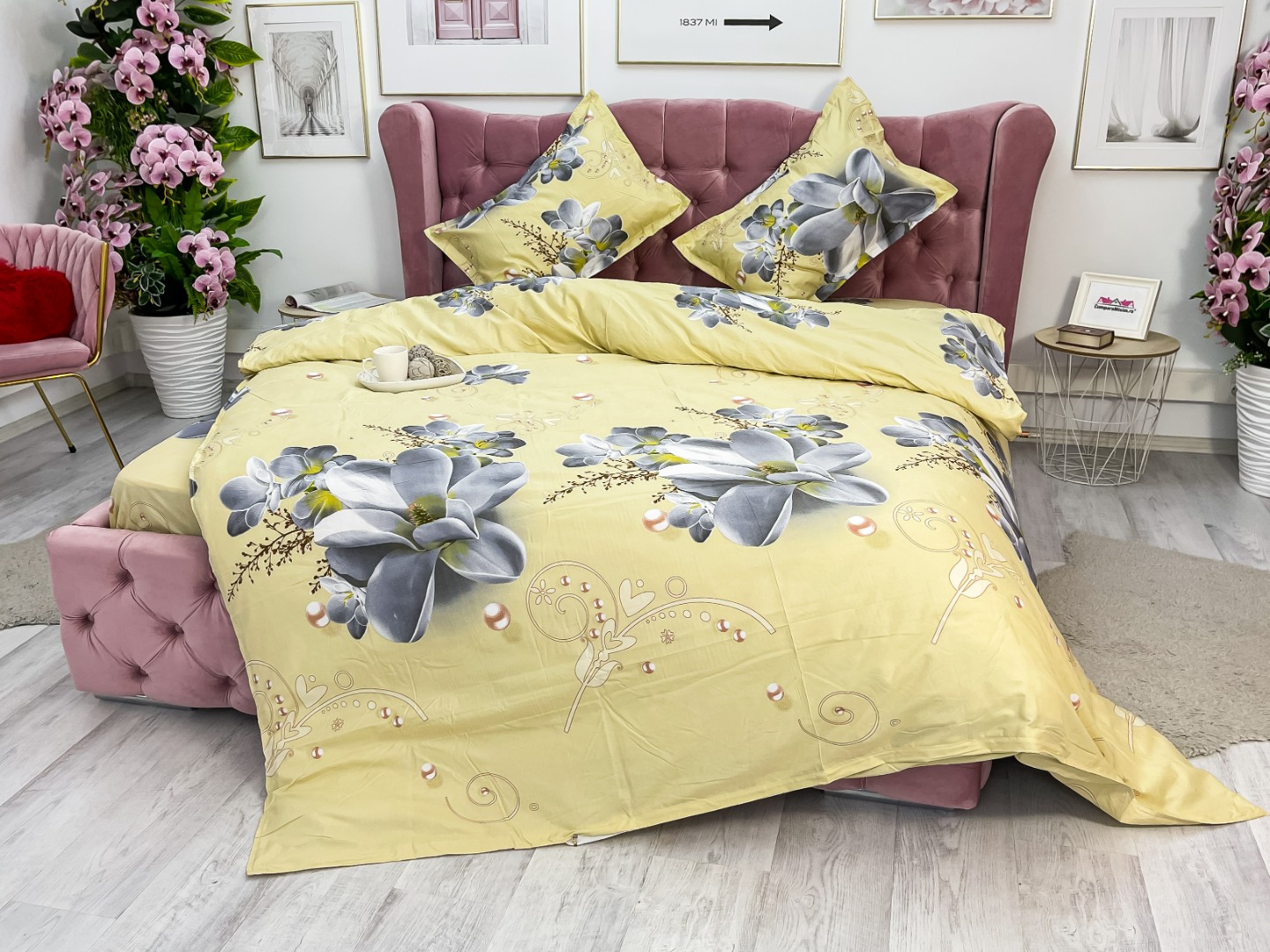 Lenjerie pat dublu imprimeu 3D - 3 Bucati 219 Lei -  Crem flori - imagine 8