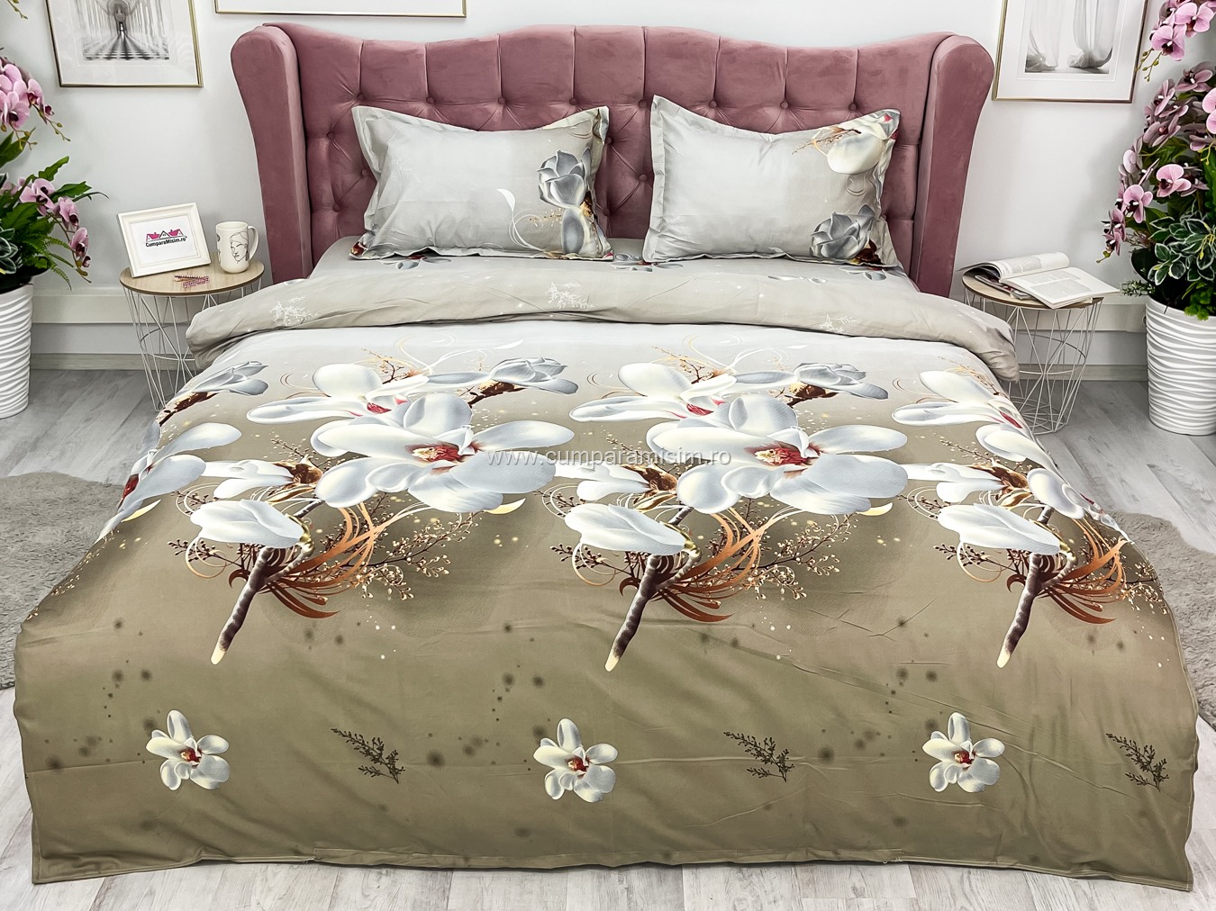 Lenjerie pat dublu imprimeu 3D - 3 Bucati 219 Lei -  Bej flori - imagine 2