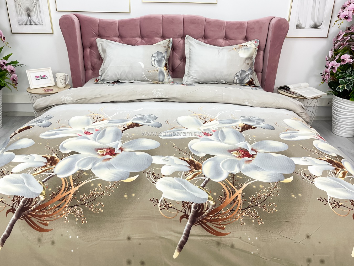 Lenjerie pat dublu imprimeu 3D - 3 Bucati 219 Lei -  Bej flori - imagine 3