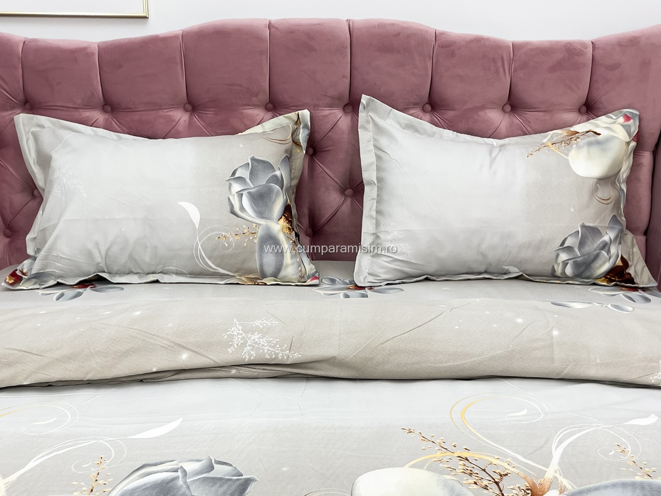 Lenjerie pat dublu imprimeu 3D - 3 Bucati 219 Lei -  Bej flori - imagine 4